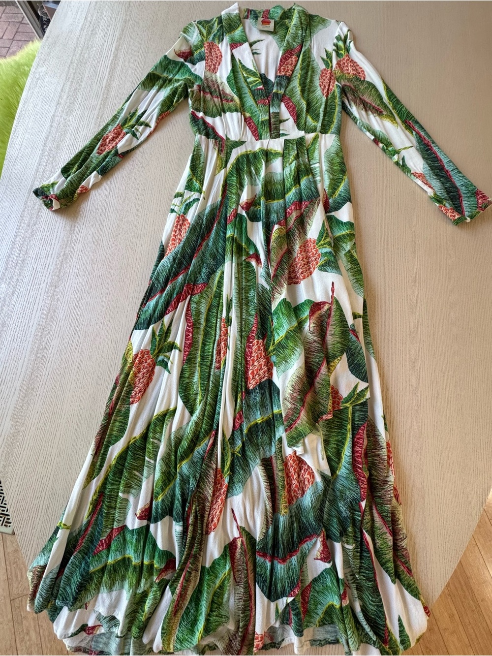 FARM Rio Banana Leaf Maxi Dress in Green, White & Coral